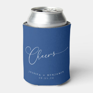 Cheers Minimal Cobalt Blue Script Custom Wedding   Can Cooler