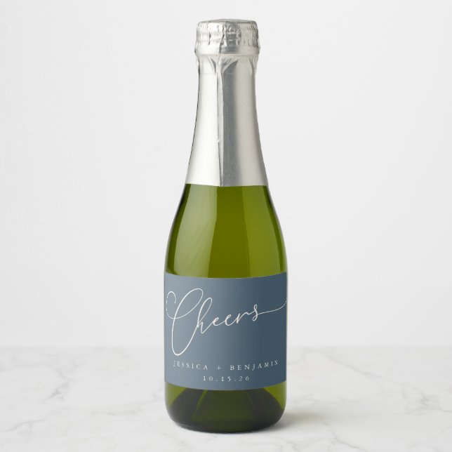 Cheers Minimal Dark Blue Script Custom Wedding  Sparkling Wine Label (Front)