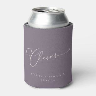 Cheers Minimal Dark Purple Script Custom Wedding Can Cooler