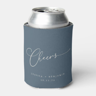 Cheers Minimal Dusky Blue Script Custom Wedding   Can Cooler
