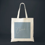Cheers Minimal Dusty Blue Script Custom Wedding Tote Bag<br><div class="desc">Cheers Minimalist Script Custom Wedding Tote Bag in Dusty Blue</div>