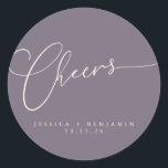 Cheers Minimal Dusty Purple Script Custom Wedding Classic Round Sticker<br><div class="desc">Cheers Minimalist Dusty Purple Script Custom Wedding Classic Round Sticker</div>