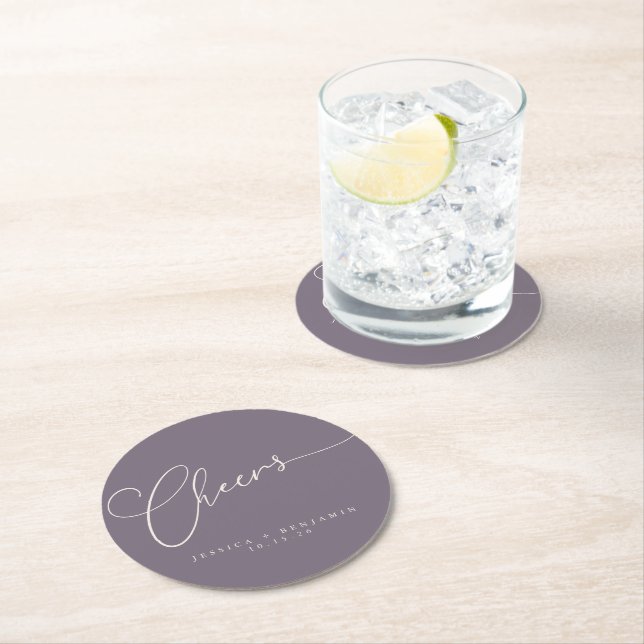 Cheers Minimal Dusty Purple Script Custom Wedding Round Paper Coaster (Insitu)