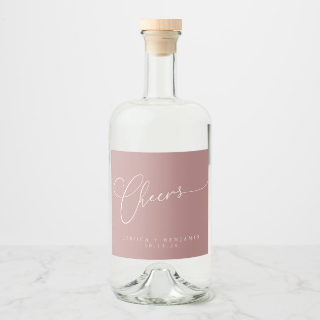 Cheers Minimal Dusty Rose Script Custom Wedding  Liquor Bottle Label (Front)