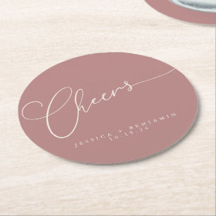 Cheers Minimal Dusty Rose Script Custom Wedding Round Paper Coaster