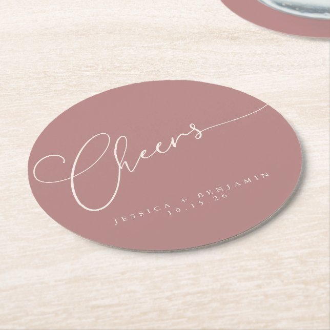 Cheers Minimal Dusty Rose Script Custom Wedding Round Paper Coaster (Angled)