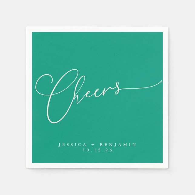 Cheers Minimal Emerald Green Script Custom Wedding Napkin (Front)