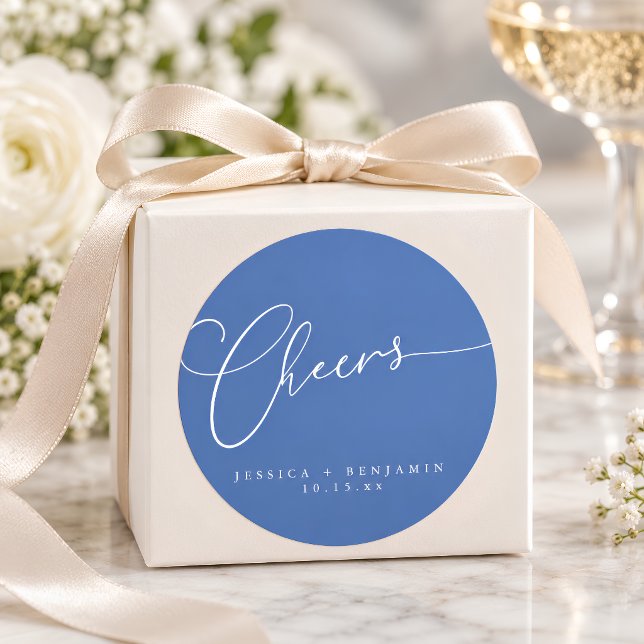 Cheers Minimal French Blue Script Custom Wedding Classic Round Sticker (Creator Uploaded)