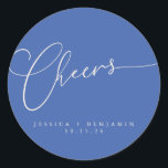 Cheers Minimal French Blue Script Custom Wedding Classic Round Sticker<br><div class="desc">Cheers Minimalist French Blue Script Custom Wedding Classic Round Sticker</div>