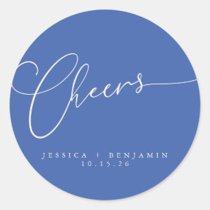 Cheers Minimal French Blue Script Custom Wedding Classic Round Sticker