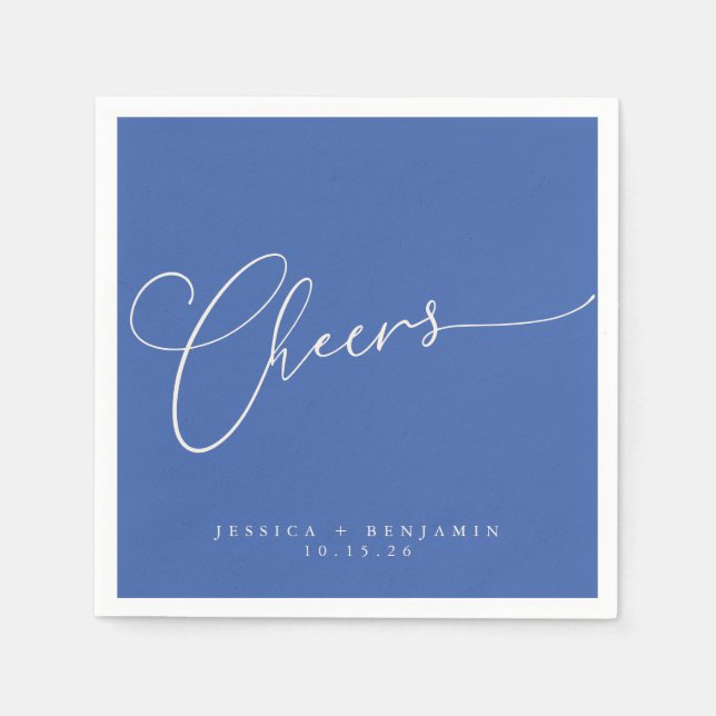 Cheers Minimal French Blue Script Custom Wedding Napkin (Front)