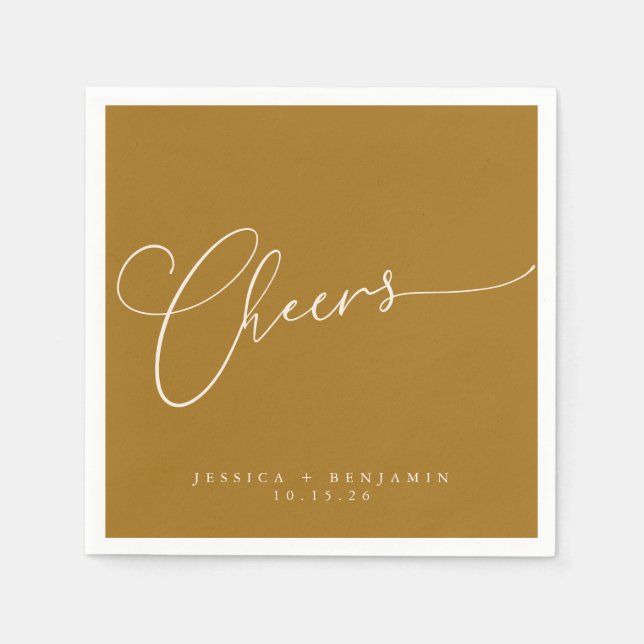 Cheers Minimal Ochre Gold Script Custom Wedding Napkin (Front)