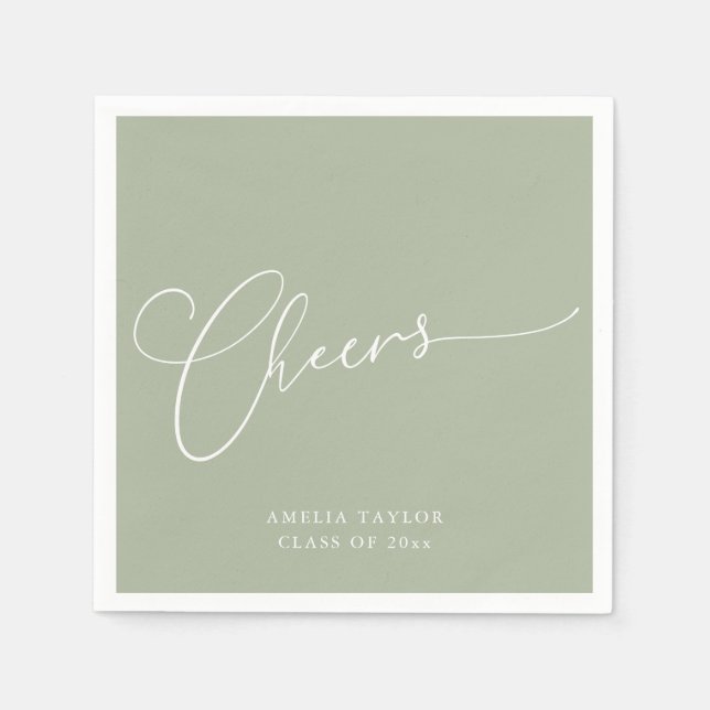 Cheers Minimal Sage Jade Script Graduation Party Napkin (Front)