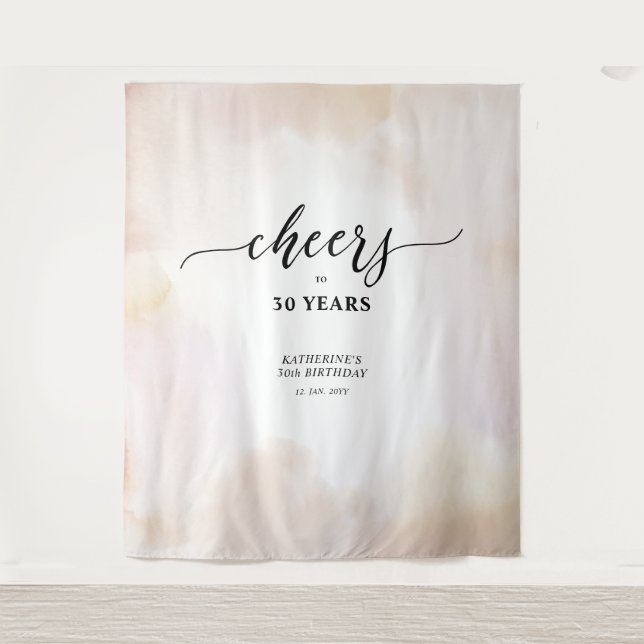 Cheers | Minimal Watercolor Adult Birthday Party Tapestry (Front)
