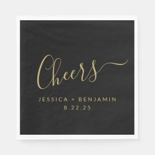 Cheers Minimalist Black and Gold Custom Wedding Napkin