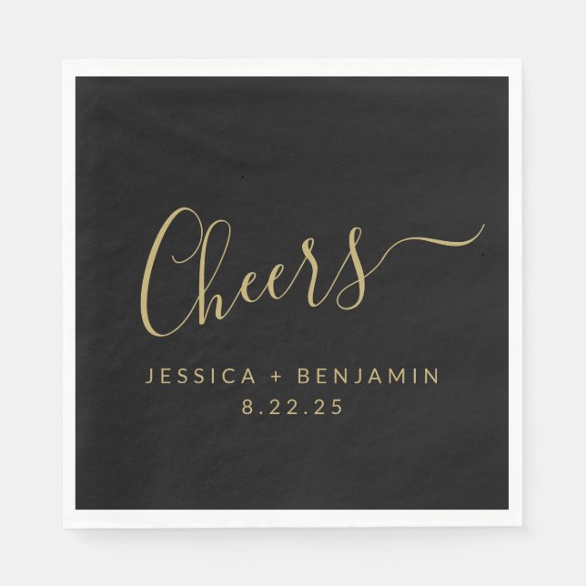 Cheers Minimalist Black and Gold Custom Wedding Napkin (Front)