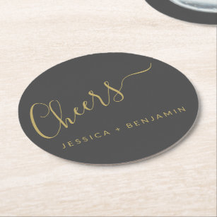 Cheers Minimalist Black and Gold Custom Wedding Round Paper Coaster