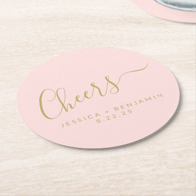 Cheers Minimalist Blush Pink Gold Custom Wedding Round Paper Coaster (Angled)