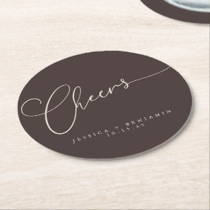 Cheers Minimalist Brown Script Custom Wedding Round Paper Coaster