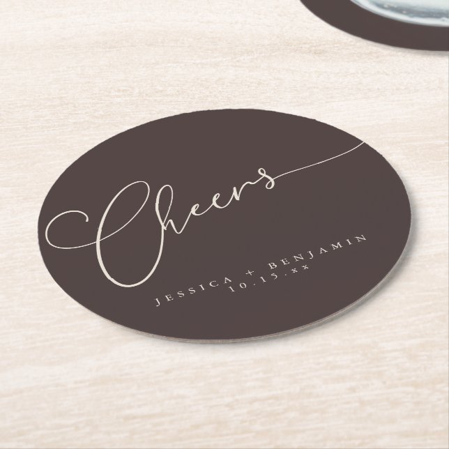 Cheers Minimalist Brown Script Custom Wedding Round Paper Coaster (Angled)