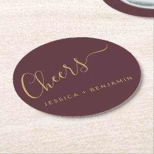 Cheers Minimalist Burgundy and Gold Custom Wedding Round Paper Coaster