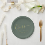 Cheers Minimalist Dark Sage Gold Custom Wedding Paper Plate<br><div class="desc">Personalised Cheers Minimalist Dark Sage and Gold Wedding Paper Plates</div>