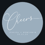 Cheers Minimalist Dusty Blue Script Custom Wedding Classic Round Sticker<br><div class="desc">Cheers Minimalist White Script on a Dusty Blue Background Custom Wedding Classic Round Sticker</div>