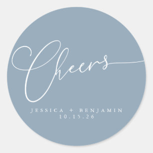 Cheers Minimalist Dusty Blue Script Custom Wedding Classic Round Sticker