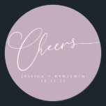 Cheers Minimalist Lilac Script Custom Wedding Classic Round Sticker<br><div class="desc">Cheers Minimalist White Script on a Dusty Purple Lilac Background Custom Wedding Classic Round Sticker</div>