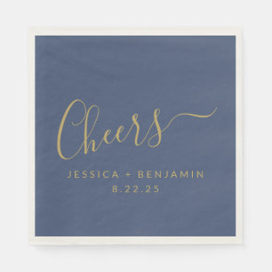 Cheers Minimalist Navy Blue Gold Custom Wedding Napkin