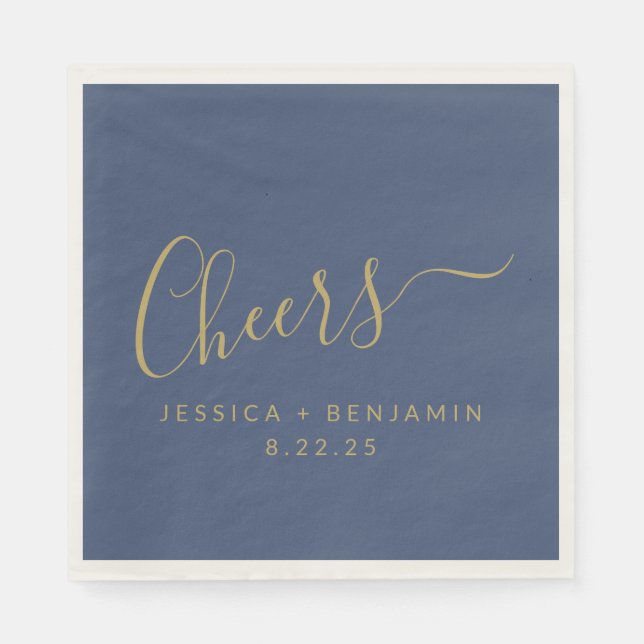 Cheers Minimalist Navy Blue Gold Custom Wedding Napkin (Front)