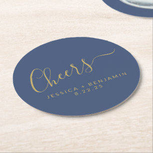 Cheers Minimalist Navy Blue Gold Custom Wedding  Round Paper Coaster