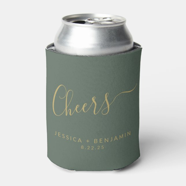 Cheers Minimalist Sage Green Gold Custom Wedding  Can Cooler (Can Front)