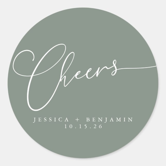 Cheers Minimalist Sage Script Custom Wedding Classic Round Sticker (Front)