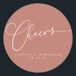 Cheers Minimalist Terracotta Script Custom Wedding Classic Round Sticker<br><div class="desc">Cheers Minimalist White Script on a Terracotta Rose Background Custom Wedding Classic Round Sticker</div>