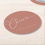 Cheers Minimalist Terracotta Script Custom Wedding Round Paper Coaster<br><div class="desc">Cheers Minimalist Terracotta Rose Boho Script Custom Wedding Round Paper Coaster</div>