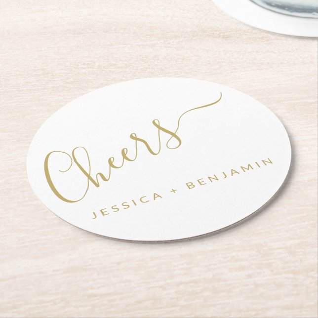 Cheers Minimalist White and Gold Custom Wedding Round Paper Coaster (Angled)
