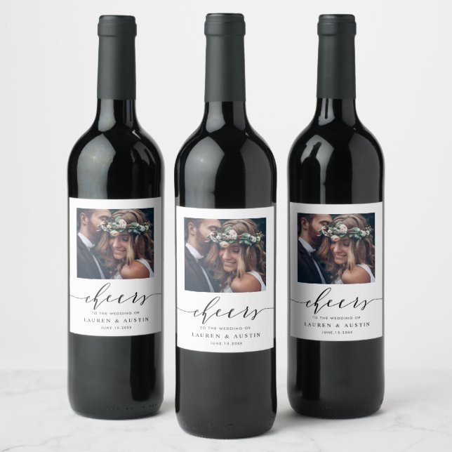 Cheers Modern Black Script Photo Wedding Wine Label (Bottles)