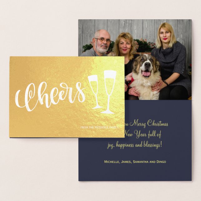 Cheers modern brushed script champagne flutes foil card (Display)
