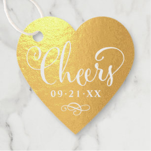 Cheers Modern Calligraphy Script Wedding Date Gold Favour Tags