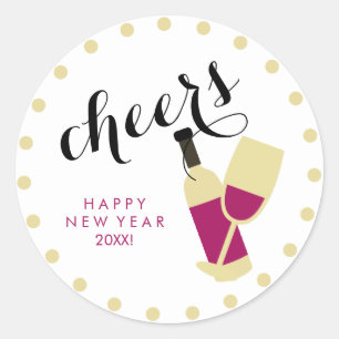 Cheers Modern Happy New Year Wine and Gold Dots Classic Round Sticker