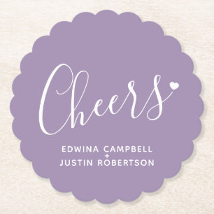 Cheers modern purple white heart script coasters