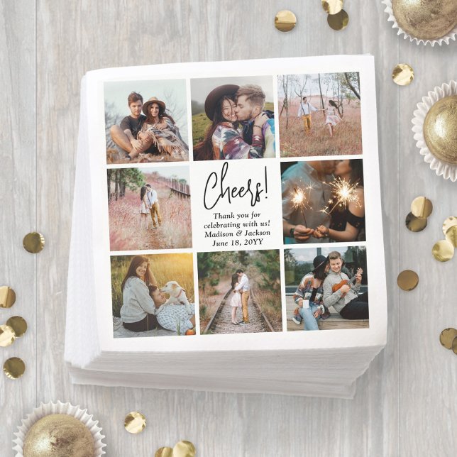 Cheers! Modern Script and Photo Collage Wedding Napkin (Creator Uploaded)