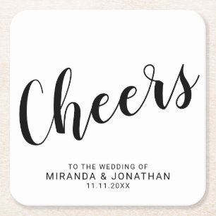 'Cheers' Modern Script Black and White Wedding Square Paper Coaster