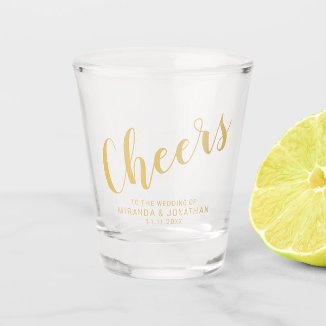 'Cheers' Modern Script Gold Wedding Shot Glass (Front)