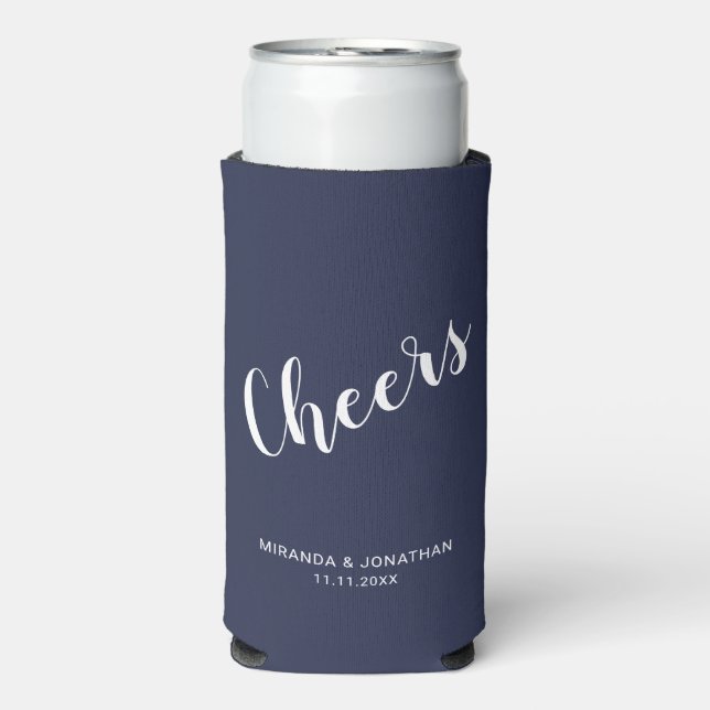 "Cheers" Modern Script Navy Blue Seltzer Can Cooler (Seltzer Front)
