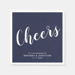 'Cheers' Modern Script Navy Blue Wedding Napkin