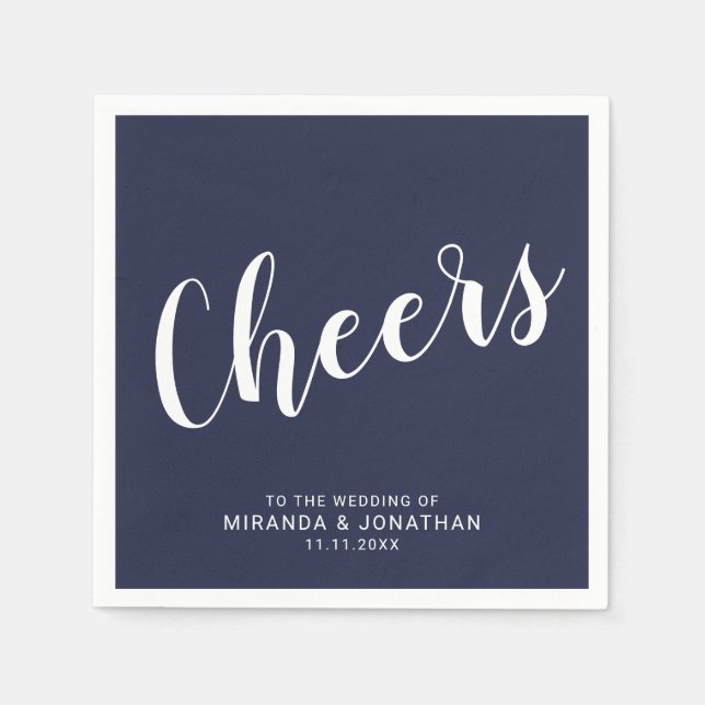 'Cheers' Modern Script Navy Blue Wedding Napkin (Front)