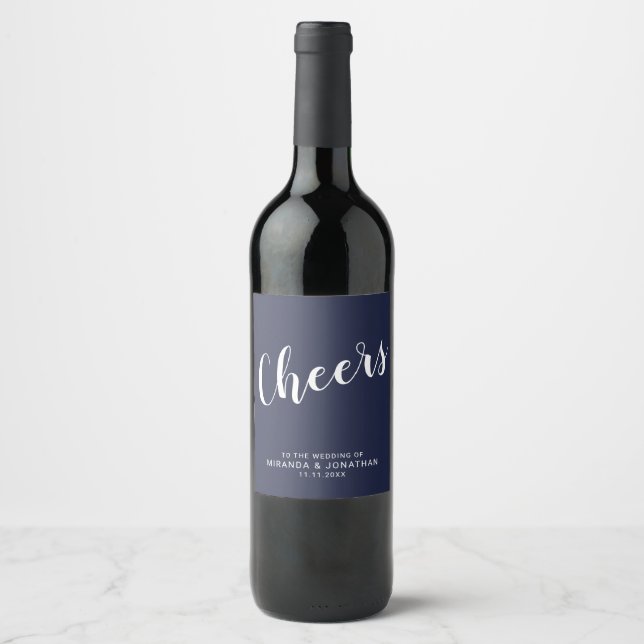 'Cheers' Modern Script Navy Blue Wedding Wine Label (Front)