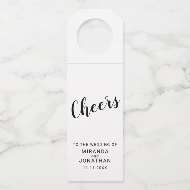'Cheers' Modern Script Rustic Wedding Bottle Tag (Front)